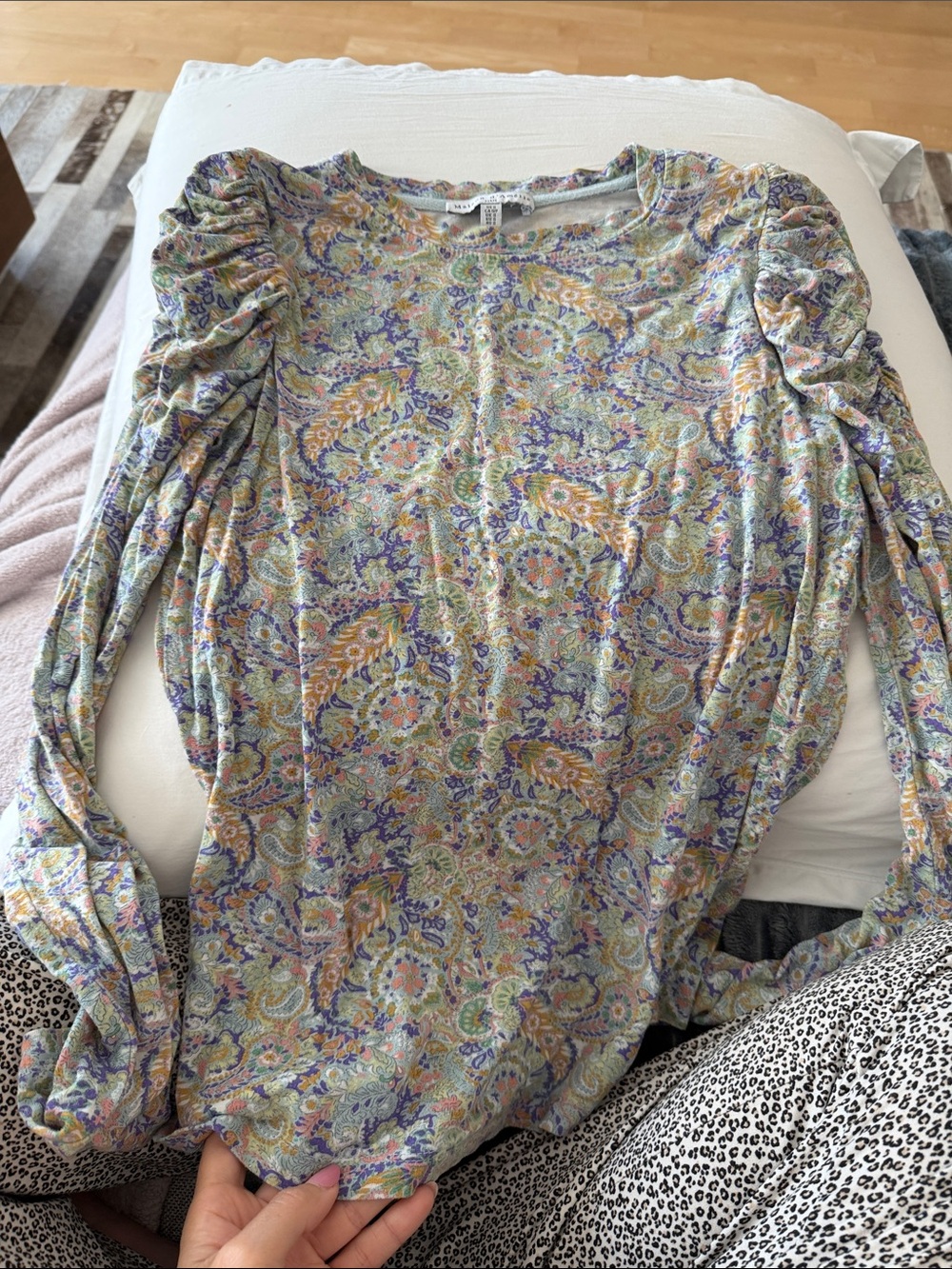 Maison D’Amelie Paris Ruched Sleeve Paisley Long-Sleeve Top - Lavender/Yellow